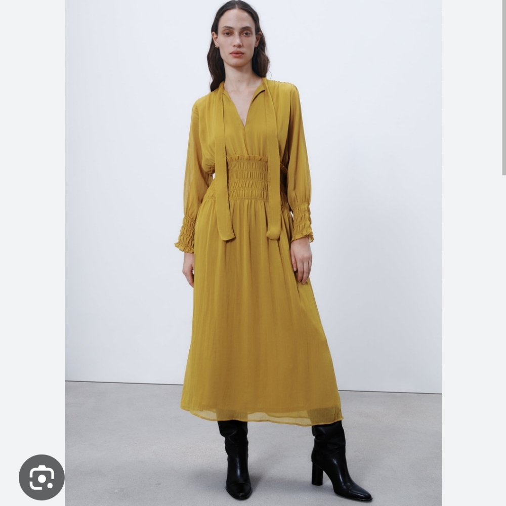 Zara Chiffon Elastic Waist Long Sleeve Midi Dress in Mustard Yellow